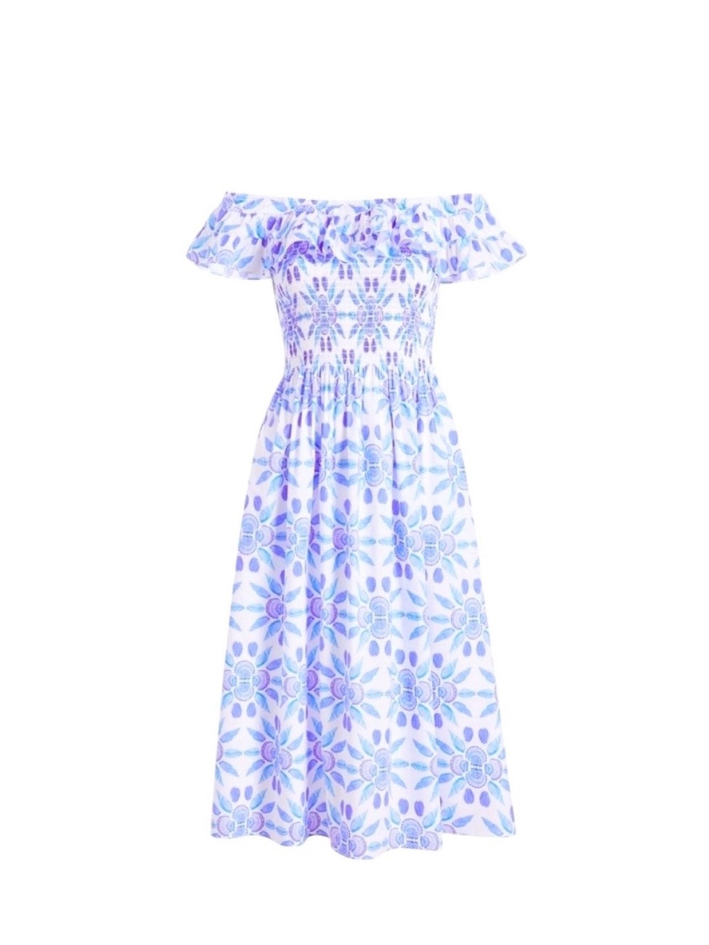 NWT Hill House Akilah Blue Shell Mosaic Cotton Off-the-shoulder Midi Dress